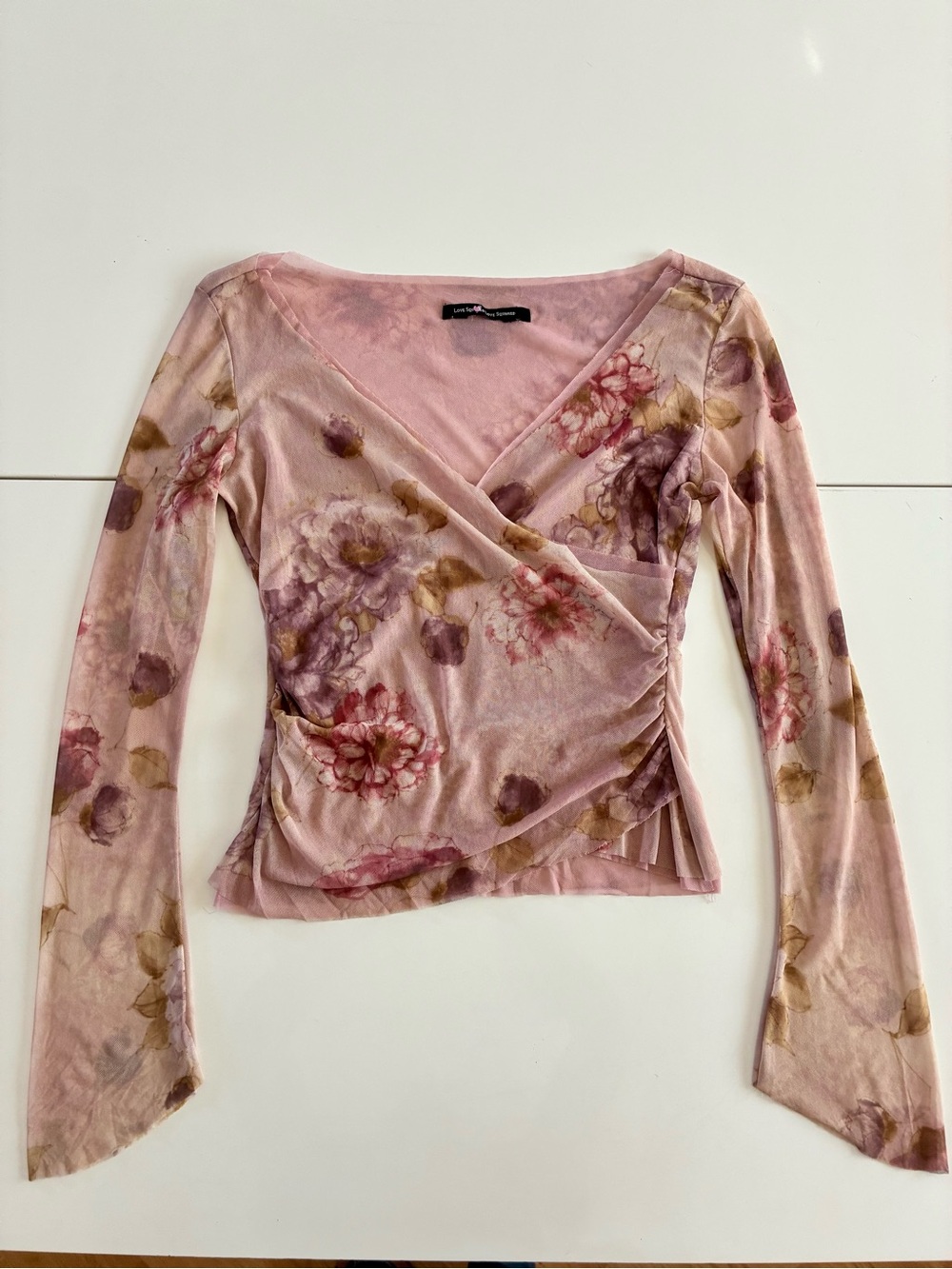Love Squared Soft Pink Floral Drape Wrap Long Sleeve Top Sheer Micro Mesh Y2K